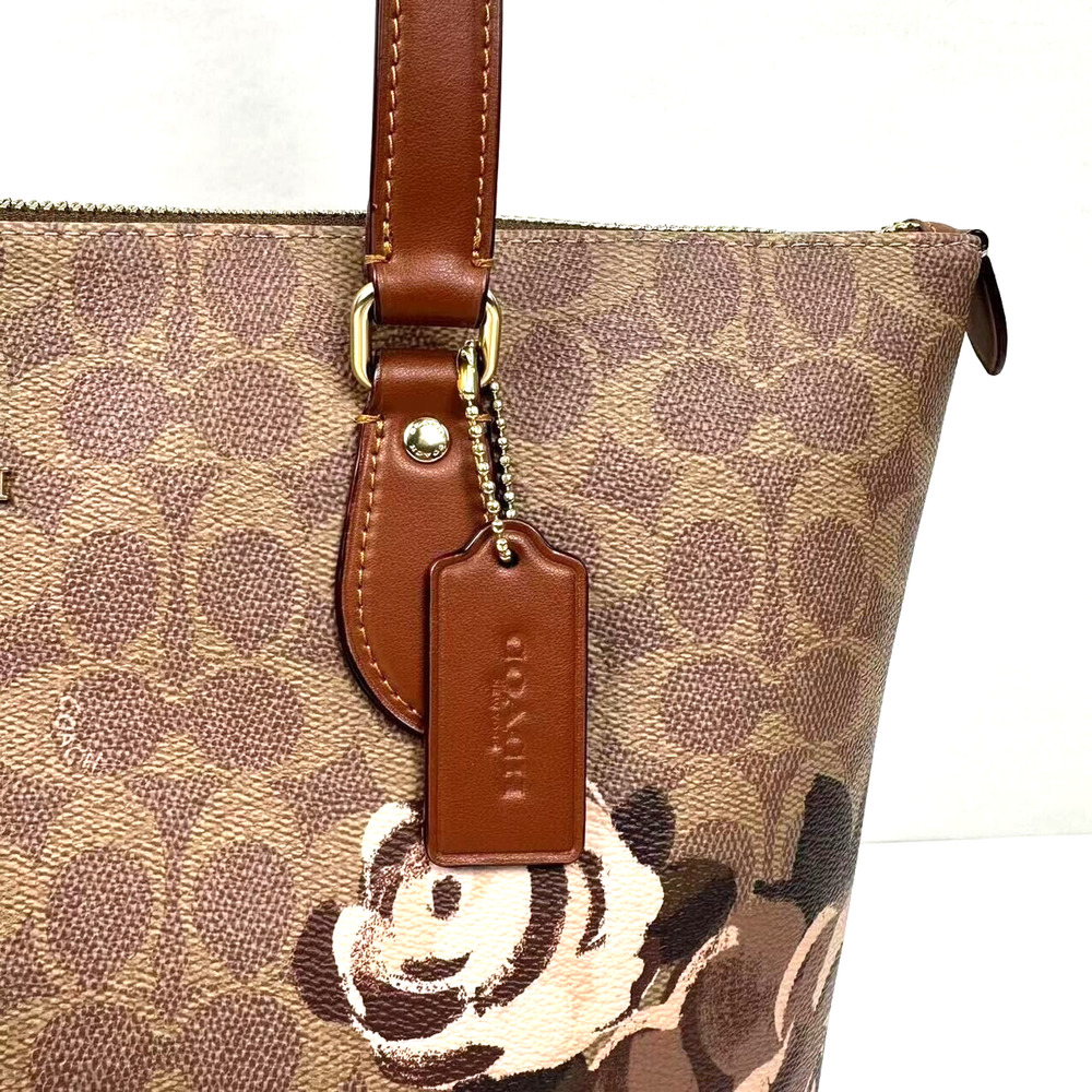 Coach Brown Floral Print Signature Canvas Tote with Pink Accents - Picture 4 of 13